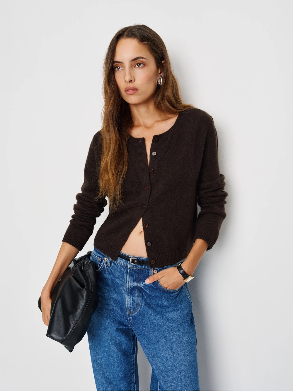 Reformation Clara Cardigan Cashmere Chocolate Brown Mole Sweater Small